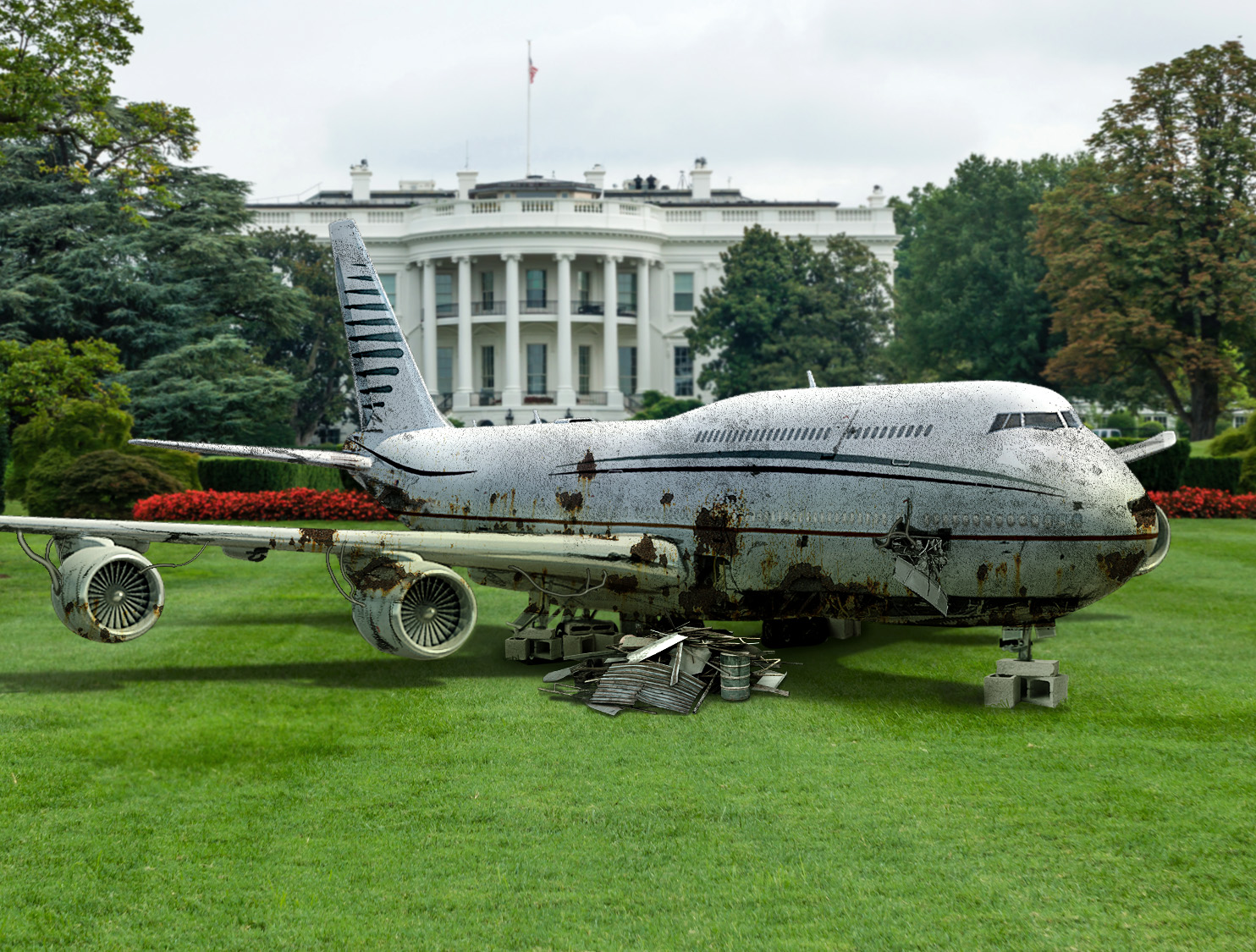 Rusted Qatari Plane Sitting On Blocks On White House Lawn